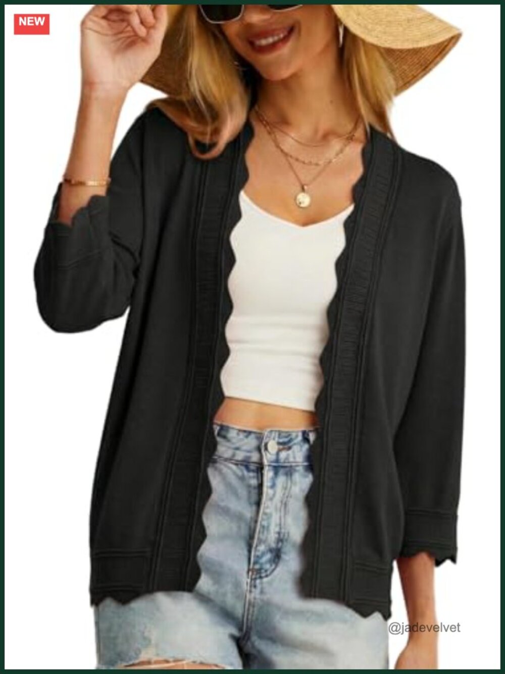 Women's Lightweight Open Front Cardigan 3/4 Sleeve Scalloped Trim Knit Shrug